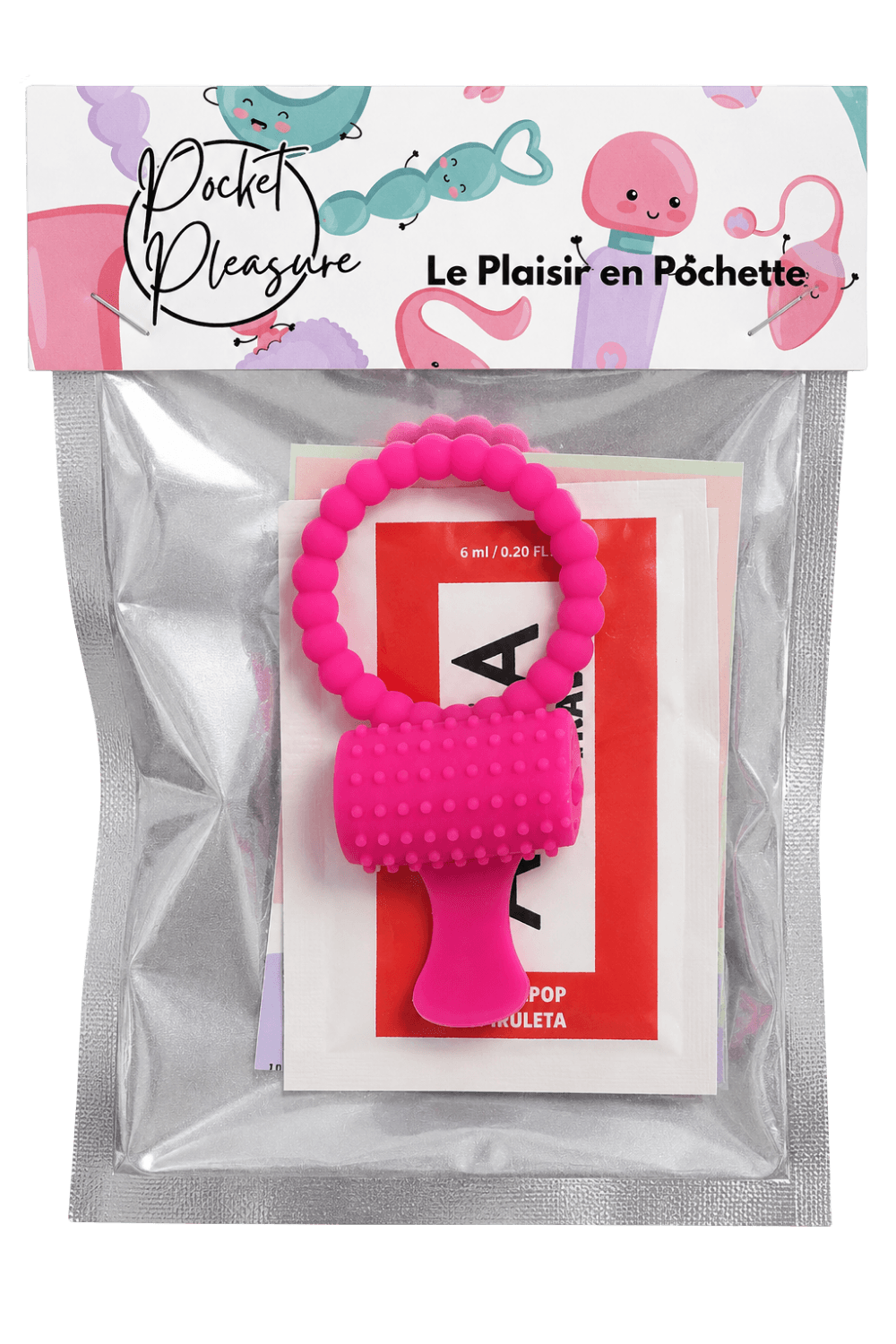 Anneau rose vibrant silicone avec langue picot Pocket Pleasure 1 dosette de lubrifiant - Pocket Pleasure