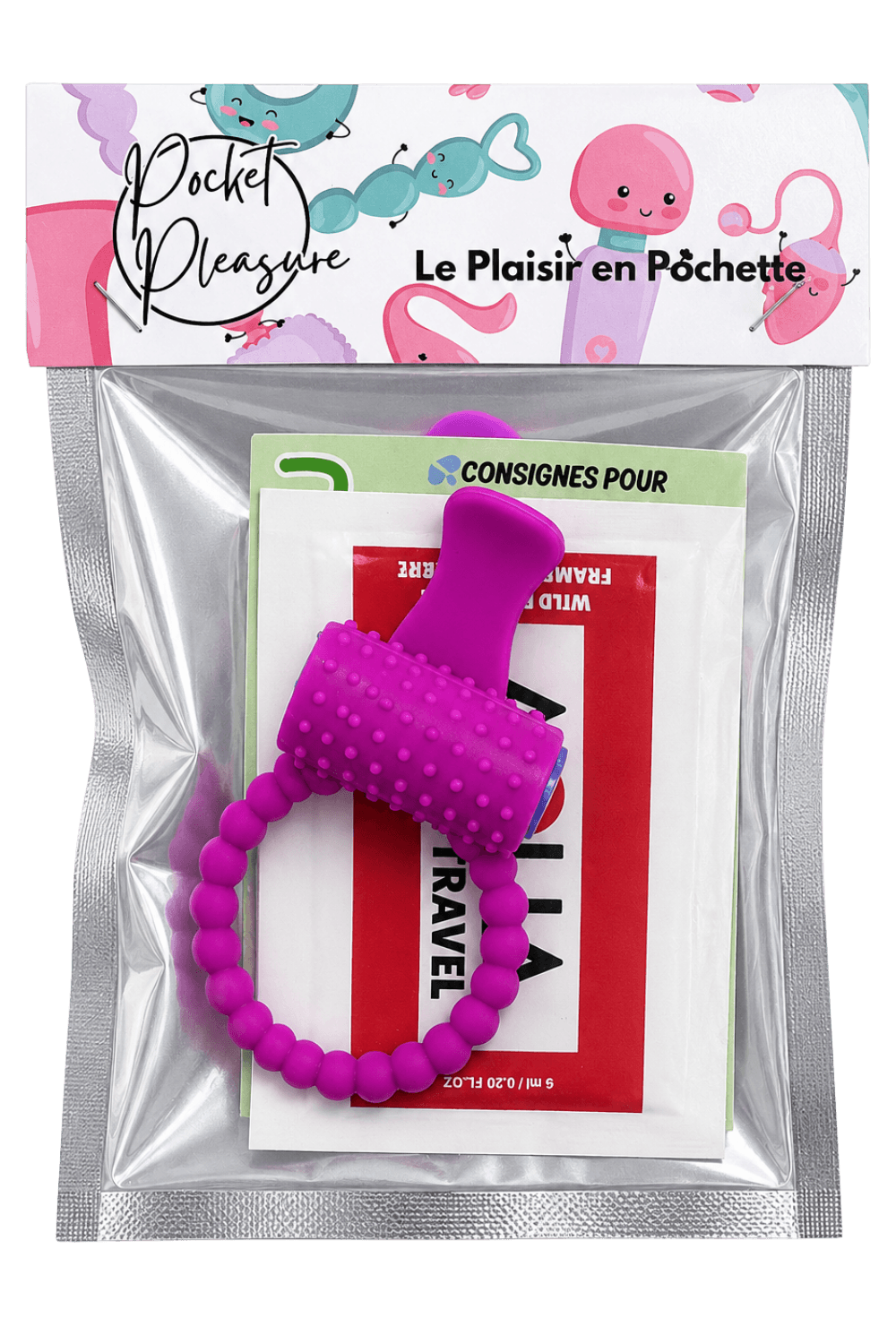 Anneau violet vibrant silicone avec langue picot Pocket Pleasure 1 dosette de lubrifiant - Pocket Pleasure