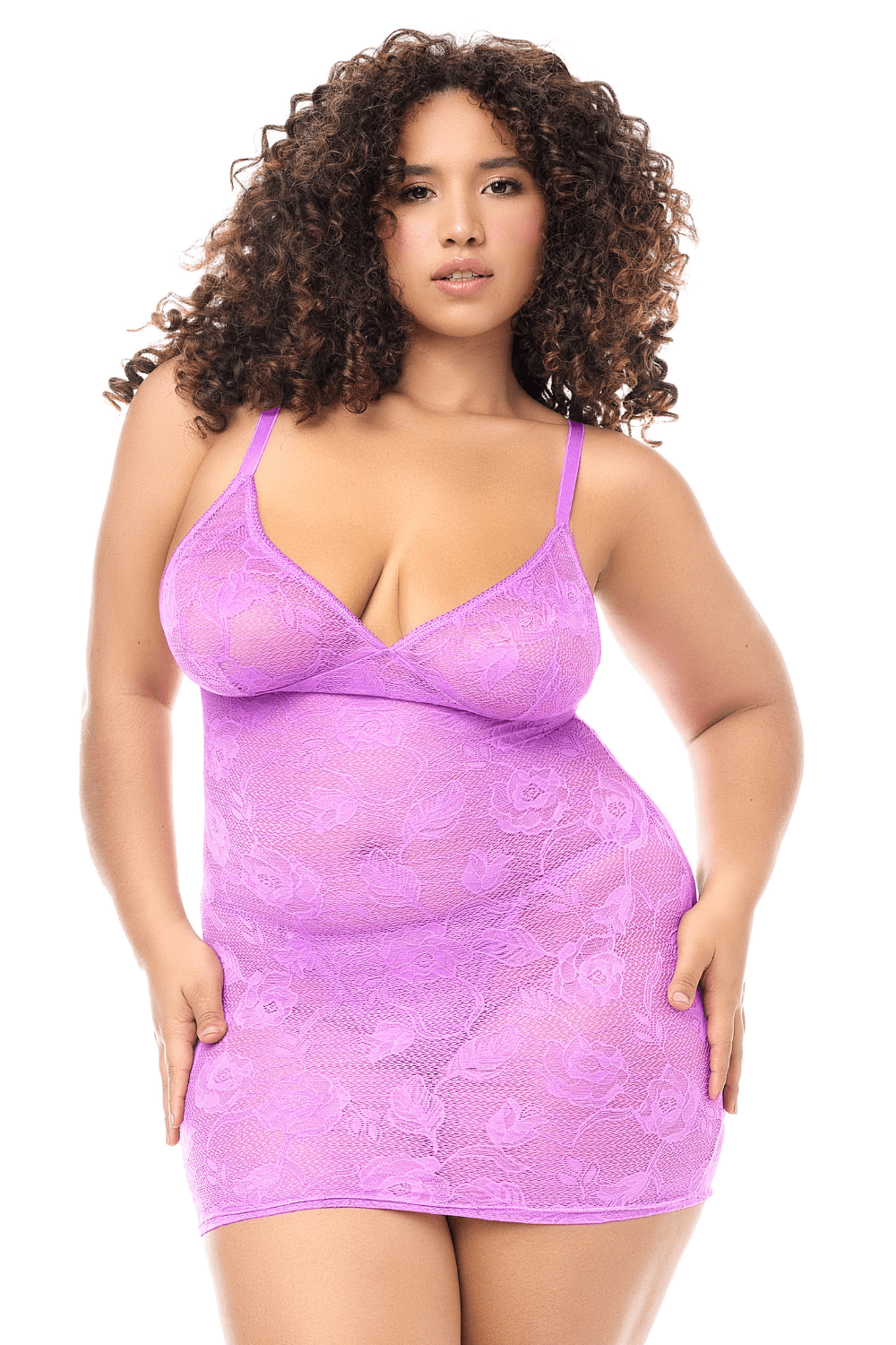 Babydoll grande taille dentelle violette et string - Mapale