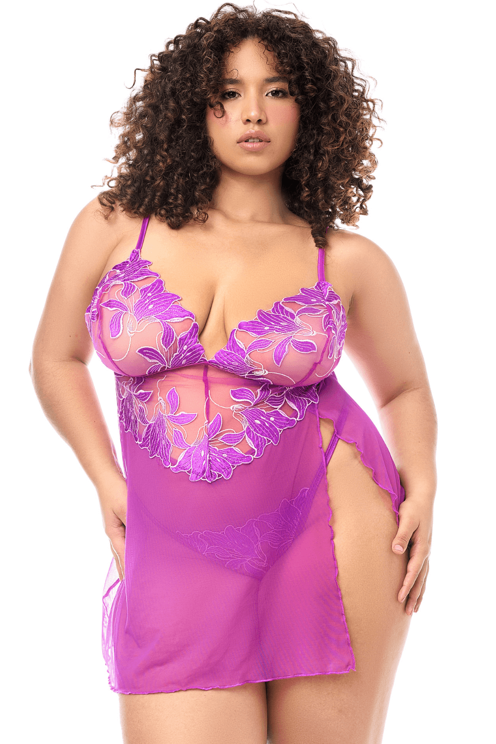 Babydoll grande taille en résille brodée florale et string - Mapale