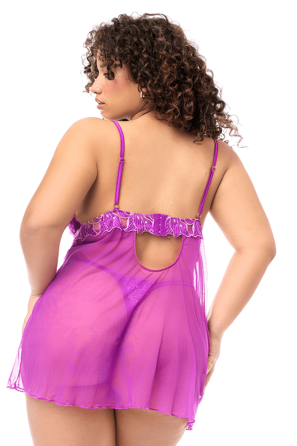 Babydoll grande taille en résille brodée florale et string - Mapale