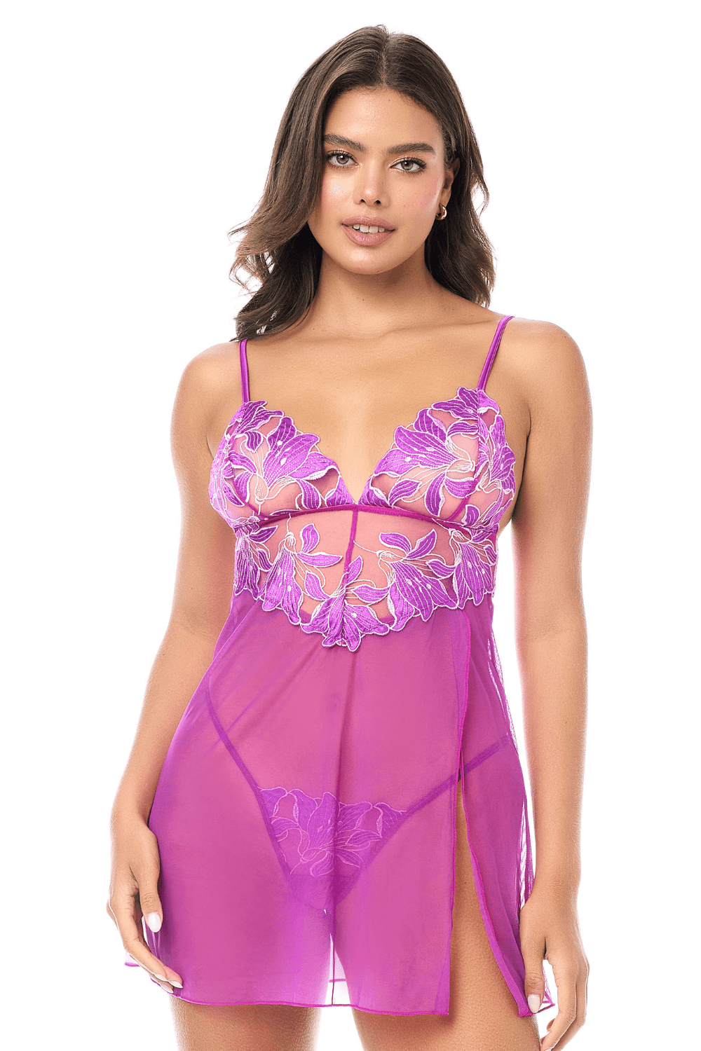 Babydoll sexy en résille brodée florale et string - Mapale