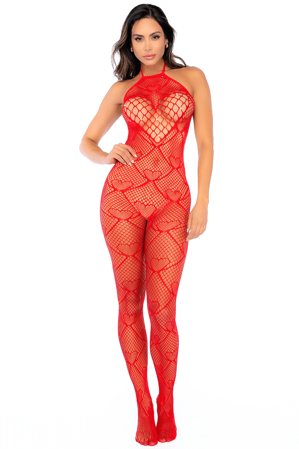 Bodystocking en résille rouge à motif cœur, orné de strass, ouvert à l’entrejambe - Mapalé