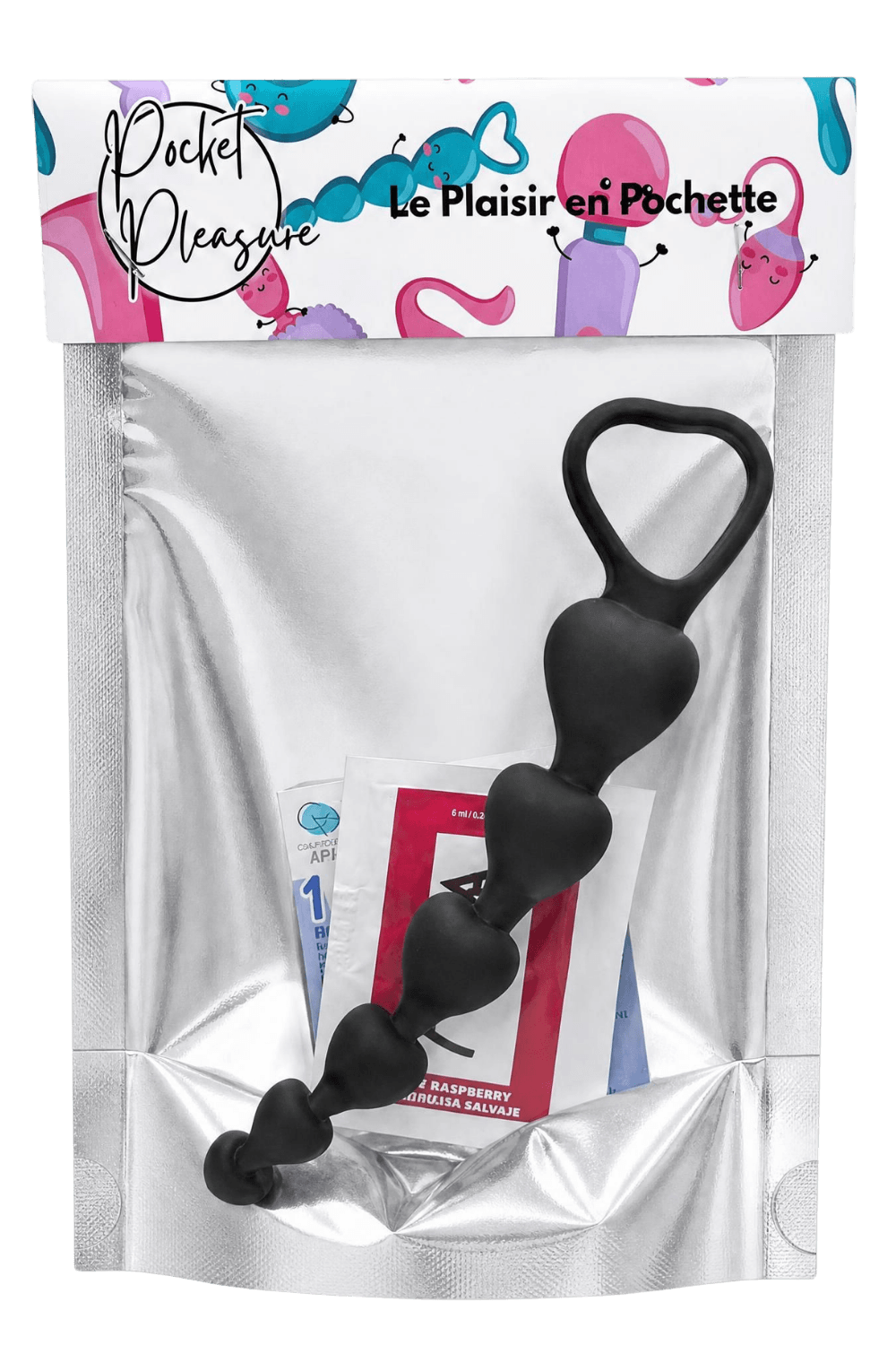 Chapelet Anal Cœur Silicone Noir 1 dosette de lubrifiant — Pocket Pleasure