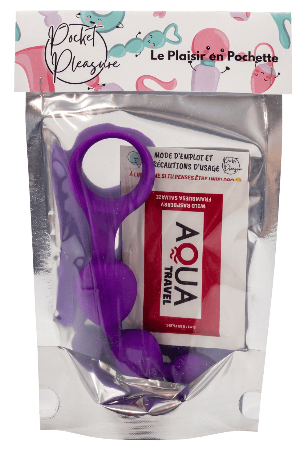 Chapelet anal 3 boules violet silicone 15 cm Pocket Pleasure 1 dosette lubrifiant -Pocket Pleasure
