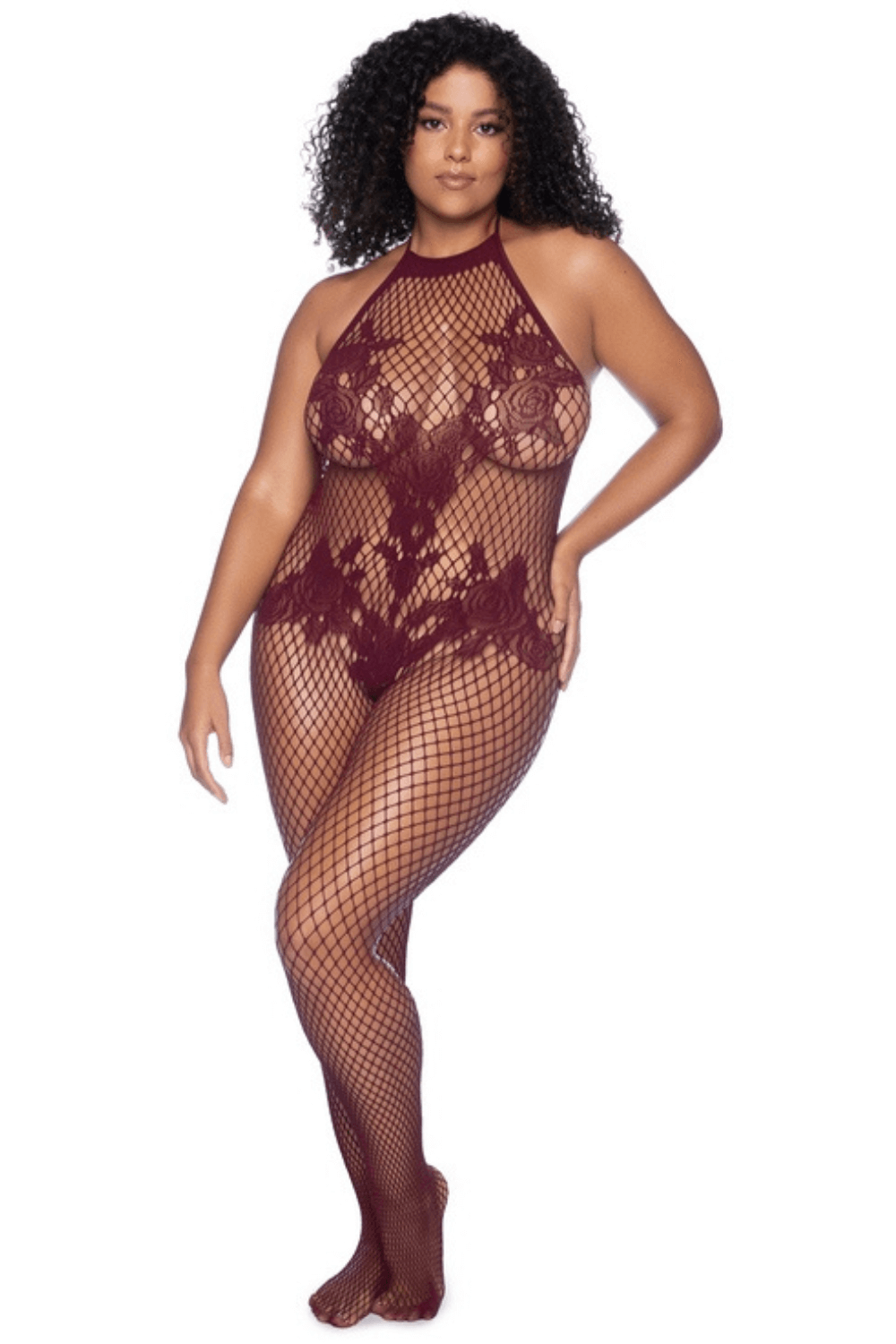 Combinaison grande taille en résille couleur cerise MAPALÉ