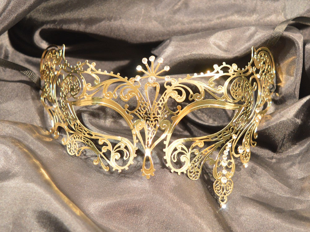 Masque vénitien Bianca rigide doré avec strass - Be Lily Accessories