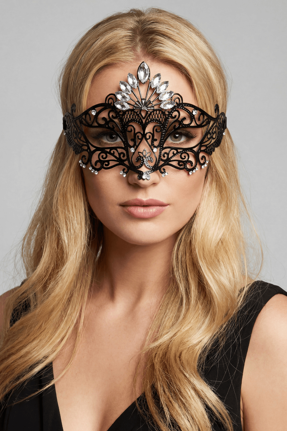 Masque vénitien Gemma rigide noir avec strass - Be Lily Accessories