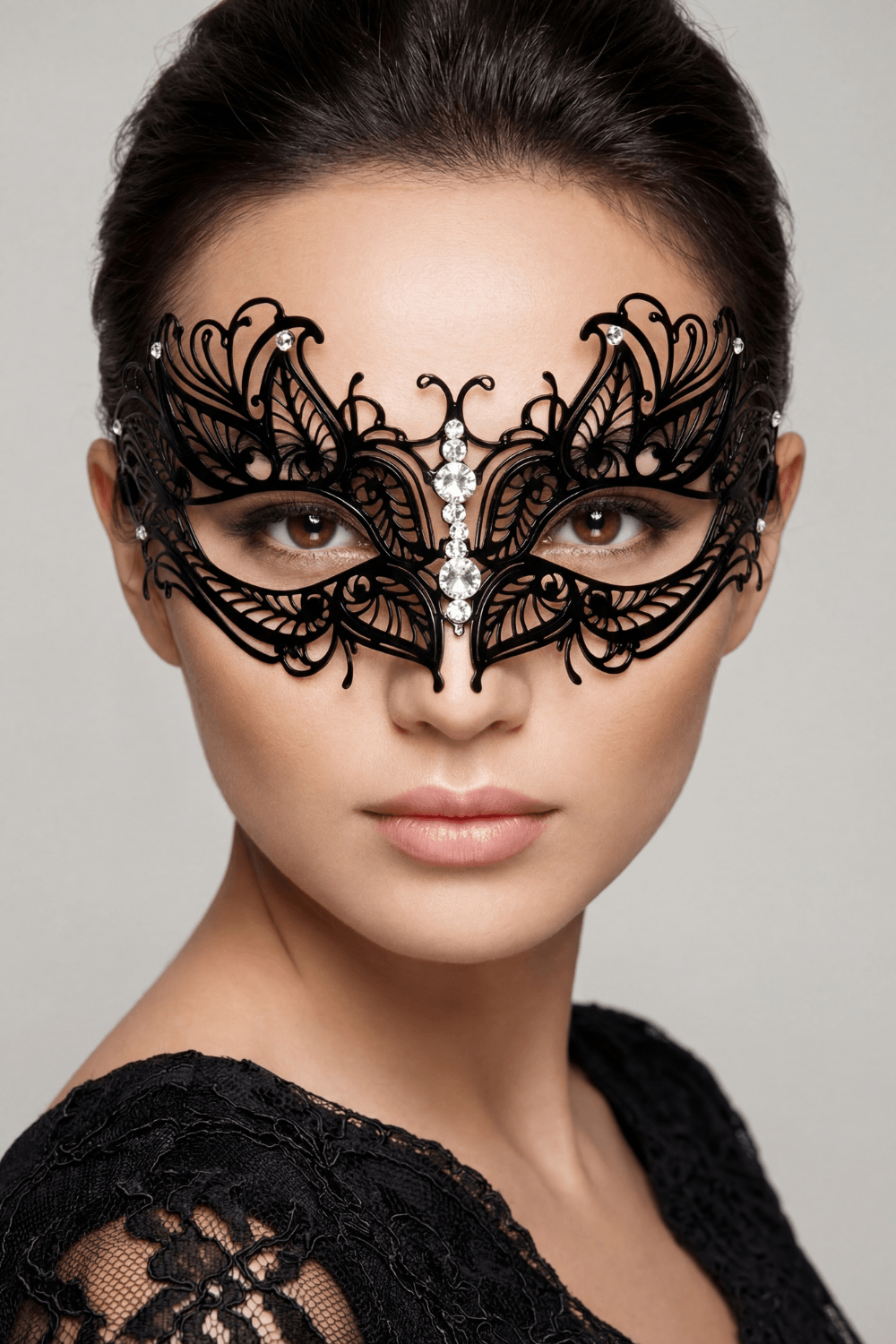 Masque vénitien Greta rigide noir avec strass - Be Lily Accessories