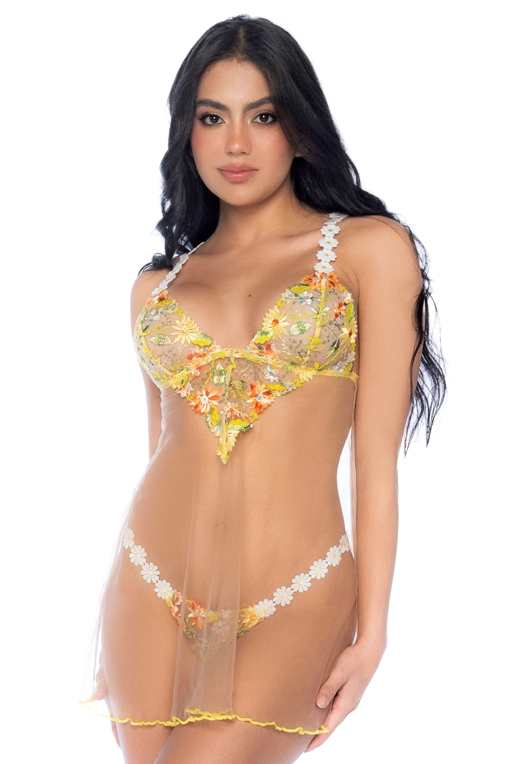 Nuisette transparente brodée jaune et string - Mapale