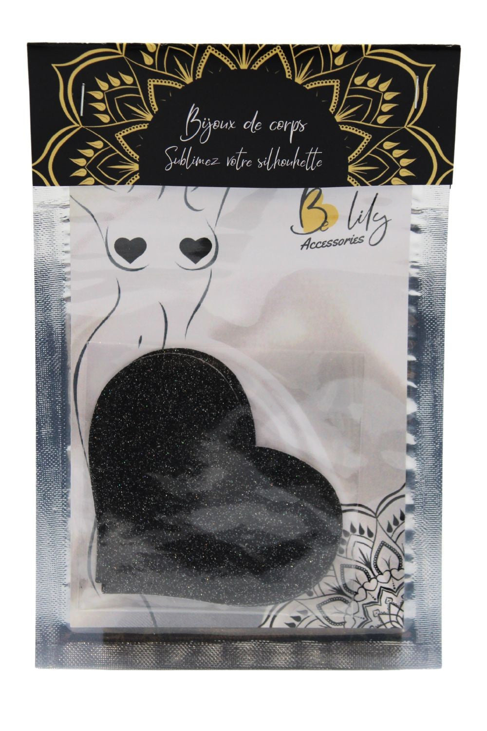 Paire de cache tétons adhésifs coeur pailleté noir - Be Lily Accessories