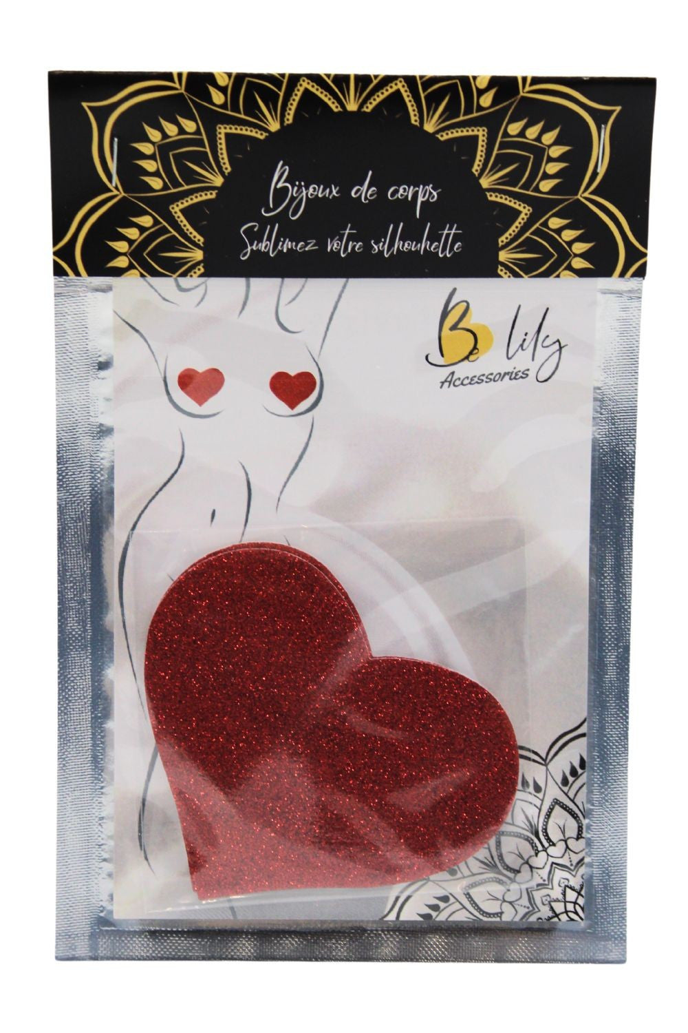 Paire de cache tétons adhésifs coeur pailleté rouge - Be Lily Accessories
