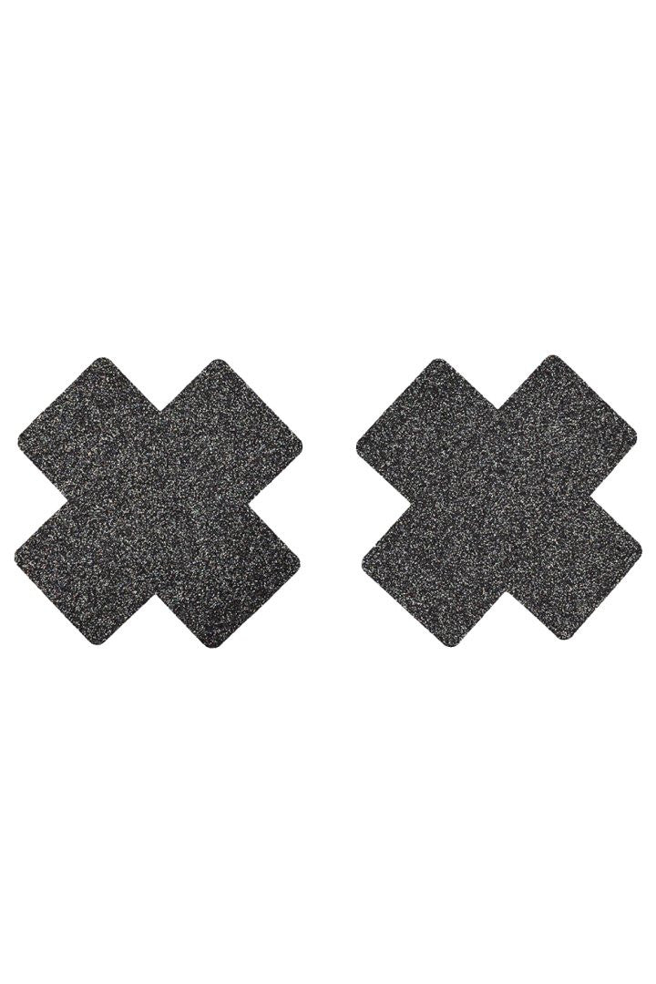 Paire de cache tétons adhésifs croix pailletée noir - Be Lily Accessories