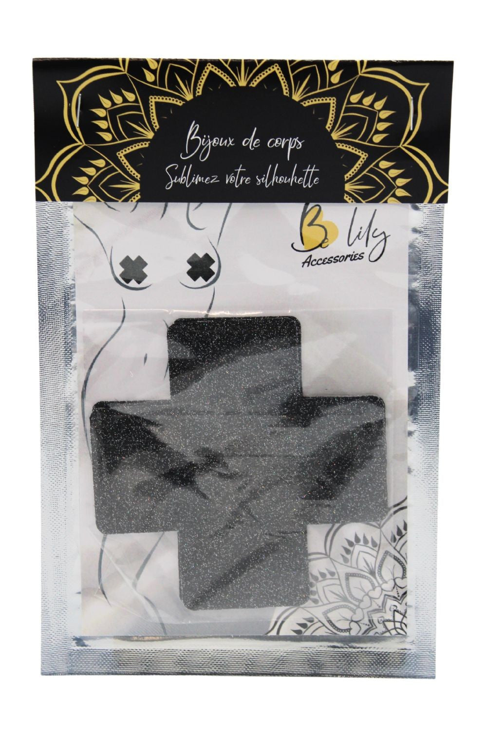 Paire de cache tétons adhésifs croix pailletée noir - Be Lily Accessories