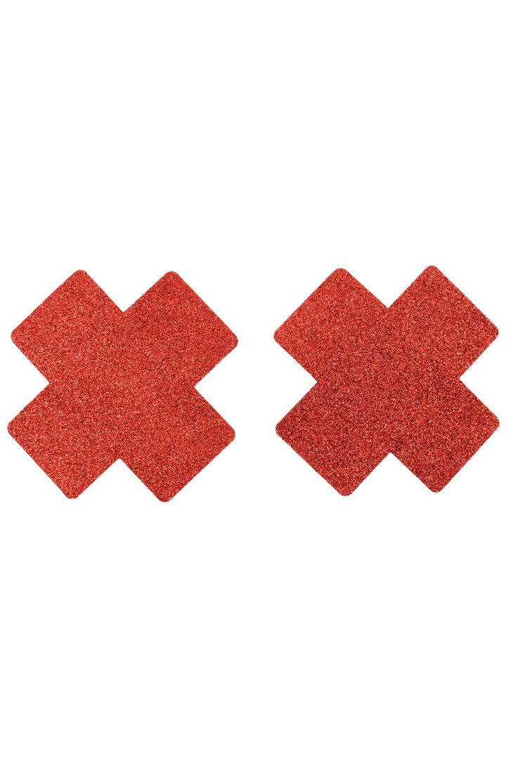 Paire de cache tétons adhésifs croix pailletée rouge - Be Lily Accessories