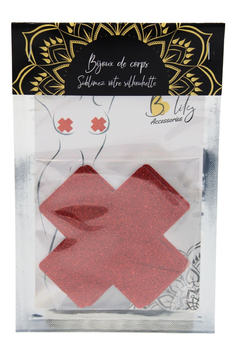 Paire de cache tétons adhésifs croix pailletée rouge - Be Lily Accessories