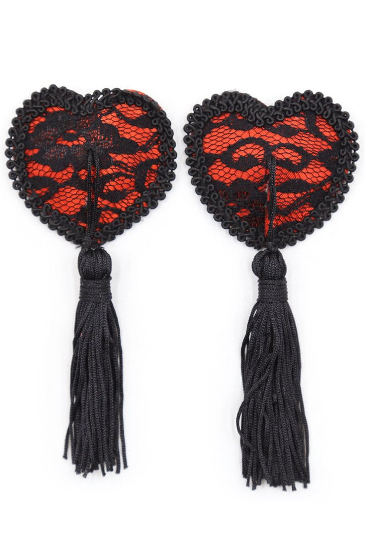 Paire de cache tétons adhésifs en forme de cœur avec dentelle noire et pompom - Be Lily Accessories