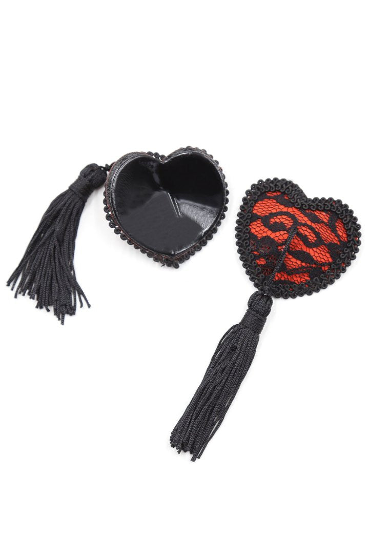 Paire de cache tétons adhésifs en forme de cœur avec dentelle noire et pompom - Be Lily Accessories