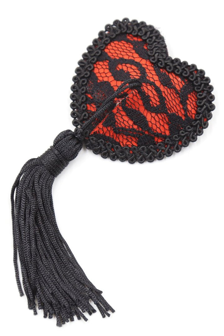Paire de cache tétons adhésifs en forme de cœur avec dentelle noire et pompom - Be Lily Accessories