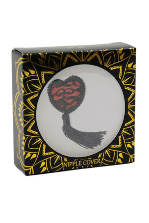 Paire de cache tétons adhésifs en forme de cœur avec dentelle noire et pompom - Be Lily Accessories