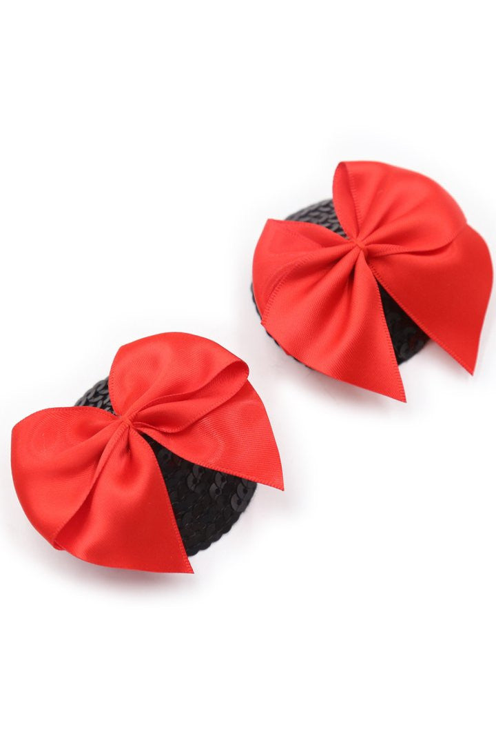 Paire de cache tétons adhésifs noir avec nœud papillon rouge - Be Lily Accessories
