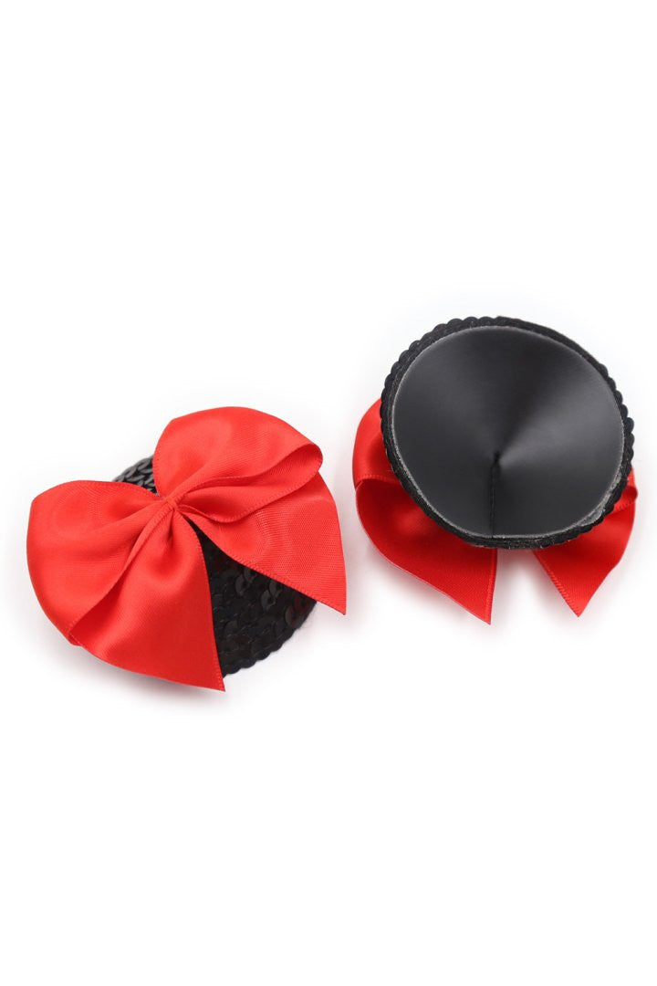Paire de cache tétons adhésifs noir avec nœud papillon rouge - Be Lily Accessories